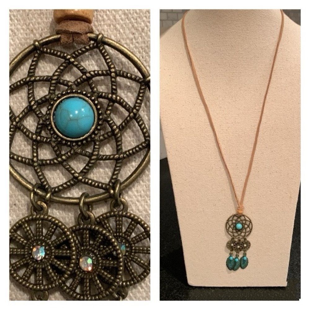 Boho Dreamcatcher Style Necklace with Turquoise Accents & Beads - Western Style